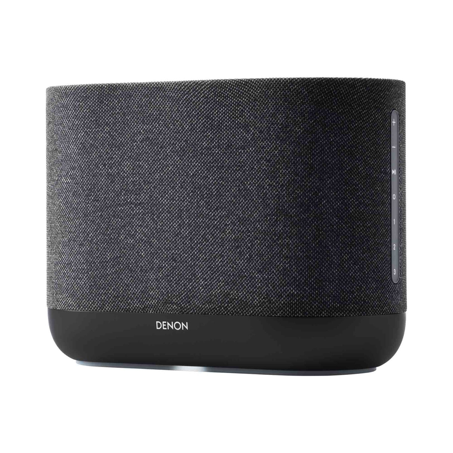 Front angle of black Denon Home 400 wireless smart speaker on white background