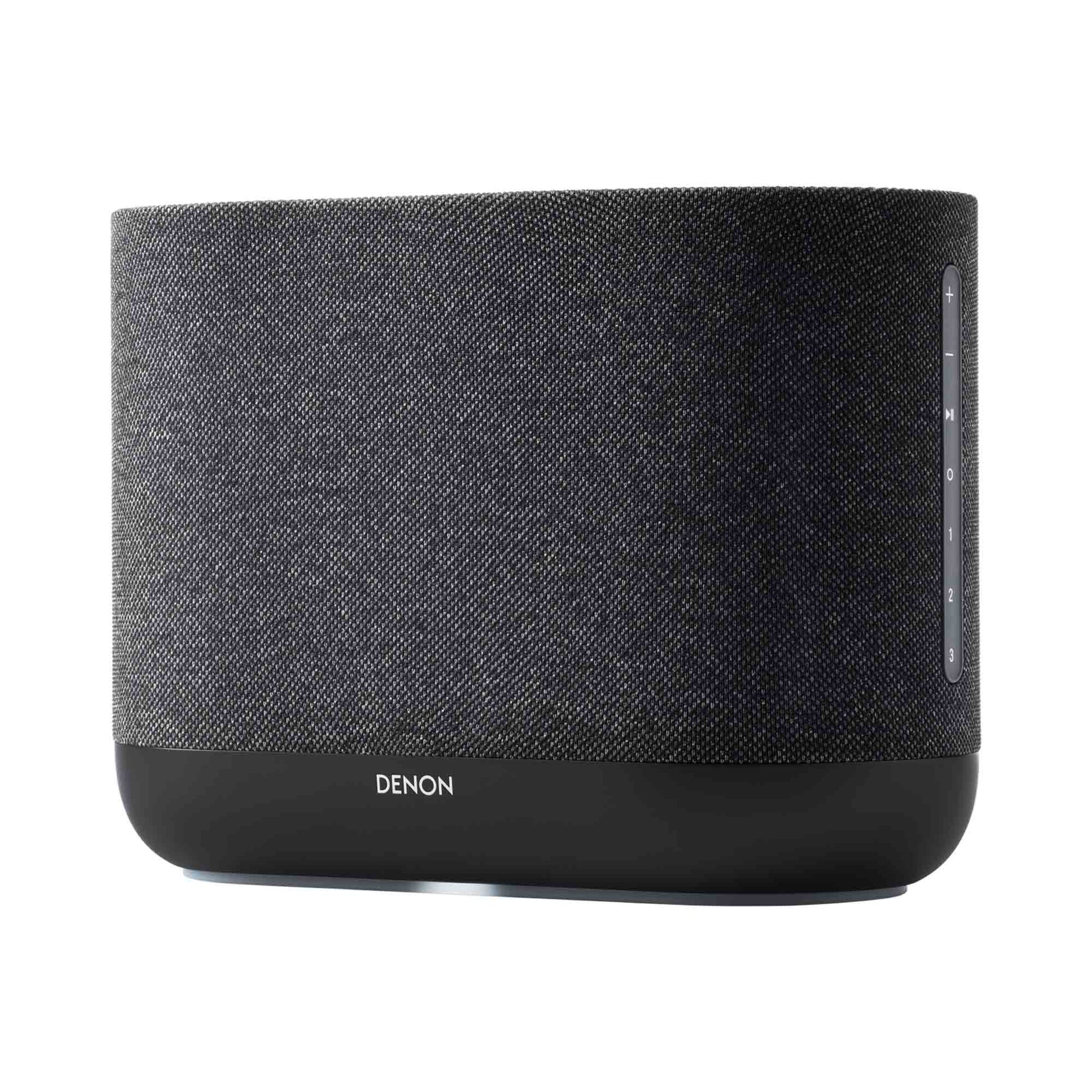 Front angle of black Denon Home 400 wireless smart speaker on white background