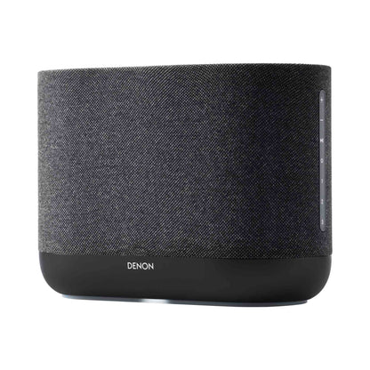 Front angle of black Denon Home 400 wireless smart speaker on white background