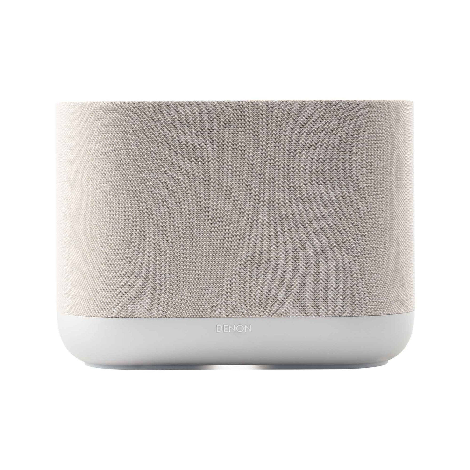 Front view of white Denon Home 400 wireless smart speaker on white background
