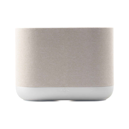 Front view of white Denon Home 400 wireless smart speaker on white background