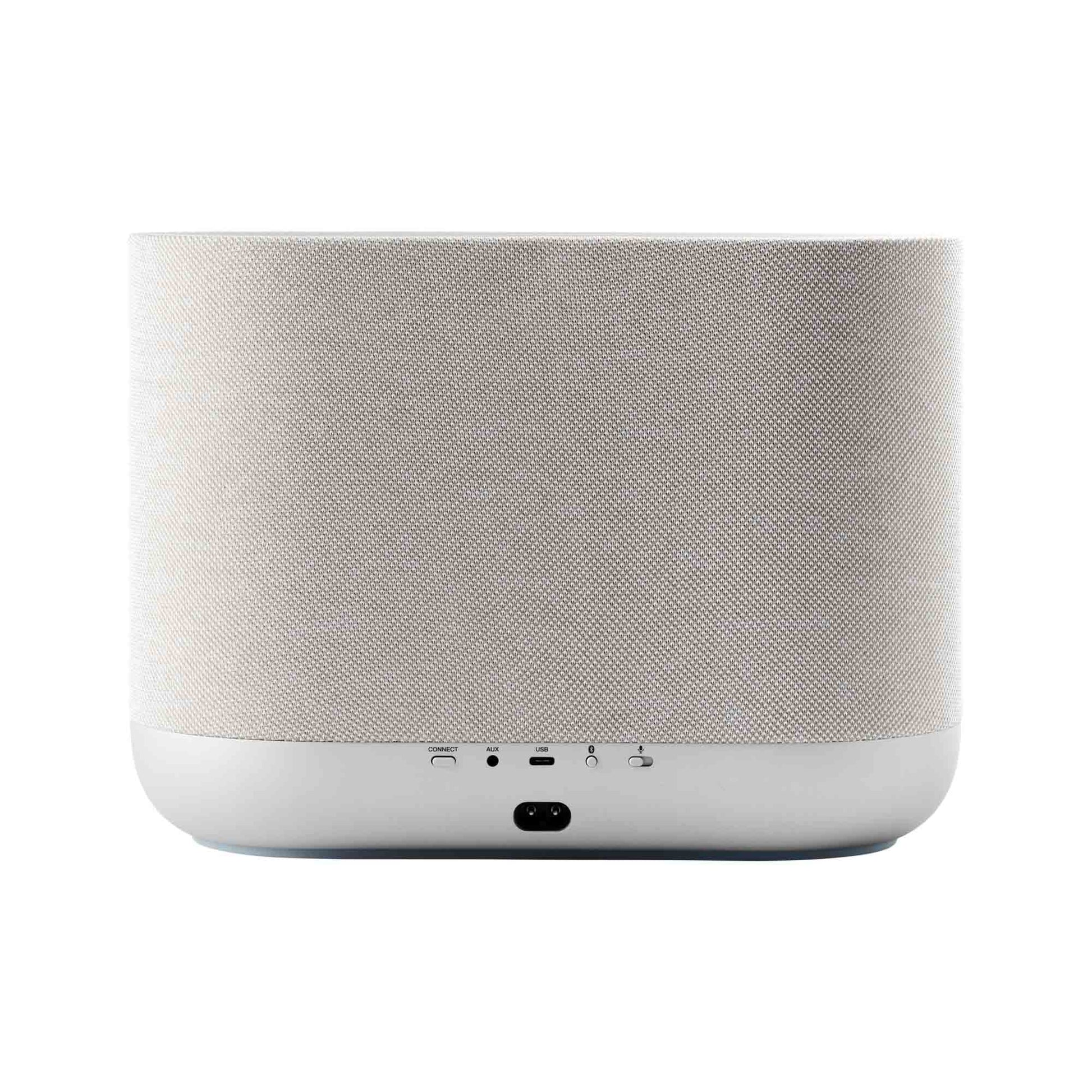 Back view of white Denon Home 400 wireless smart speaker on white background