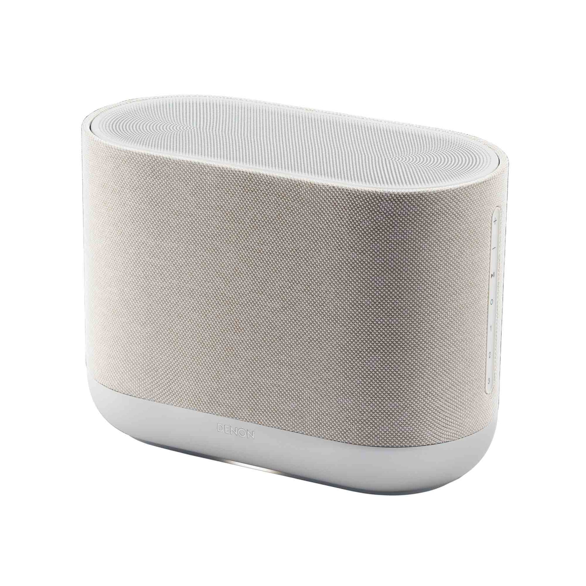 Top angle view of white Denon Home 400 wireless smart speaker on white background