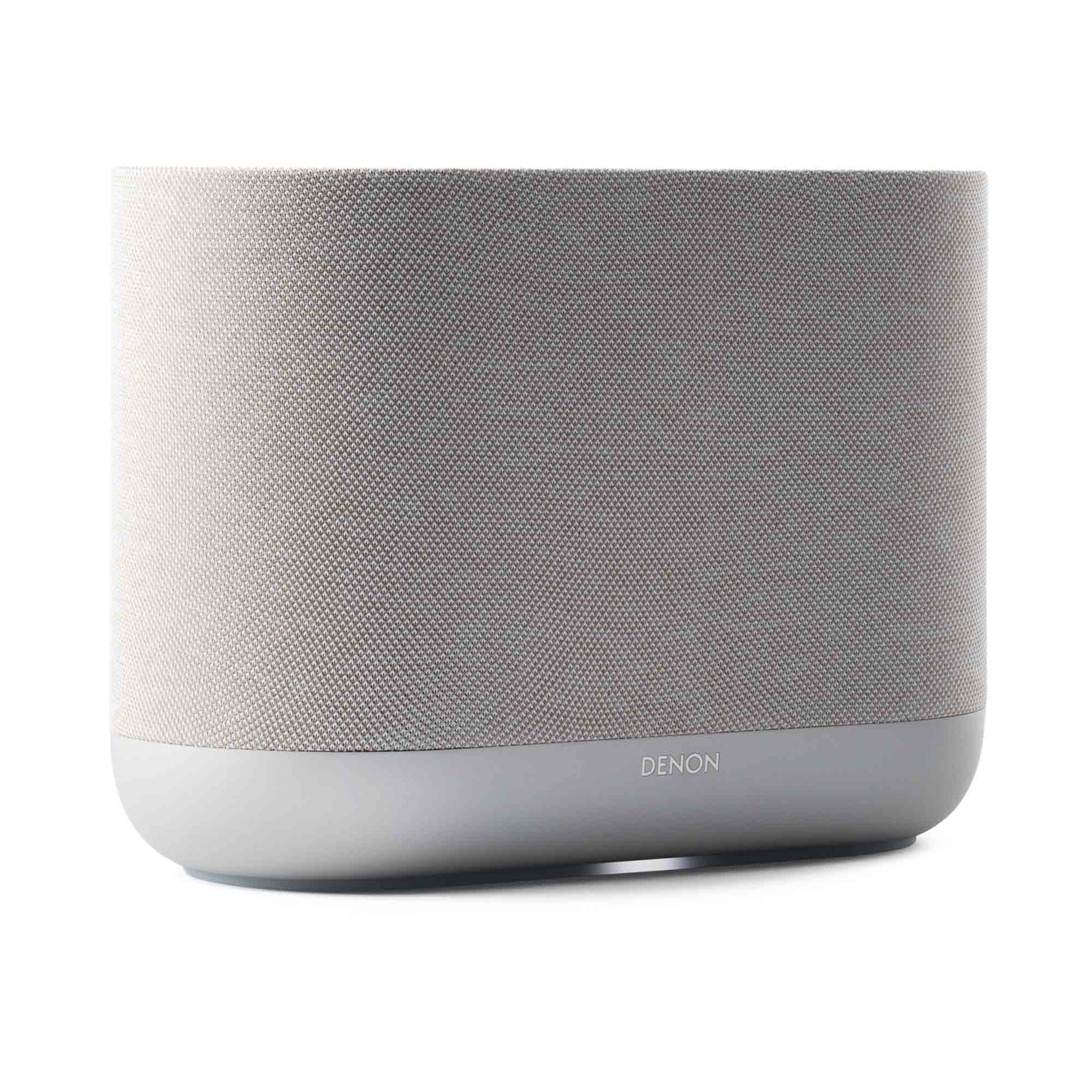 Front angle of white Denon Home 400 wireless smart speaker on white background