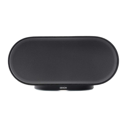 Front view of black Denon Home 600 Wireless Speaker on white background
