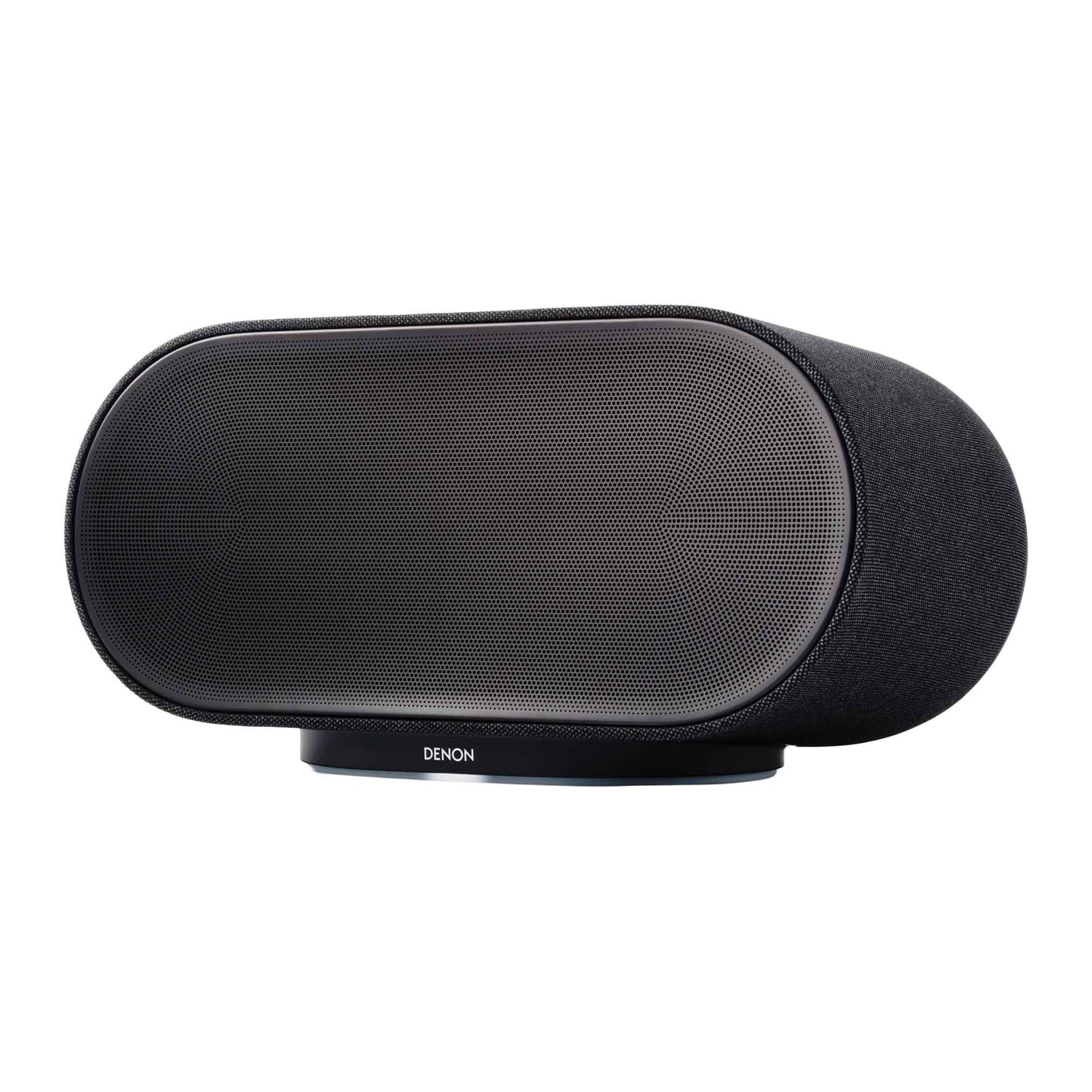 Front angle view of black Denon Home 600 Wireless Speaker on white background