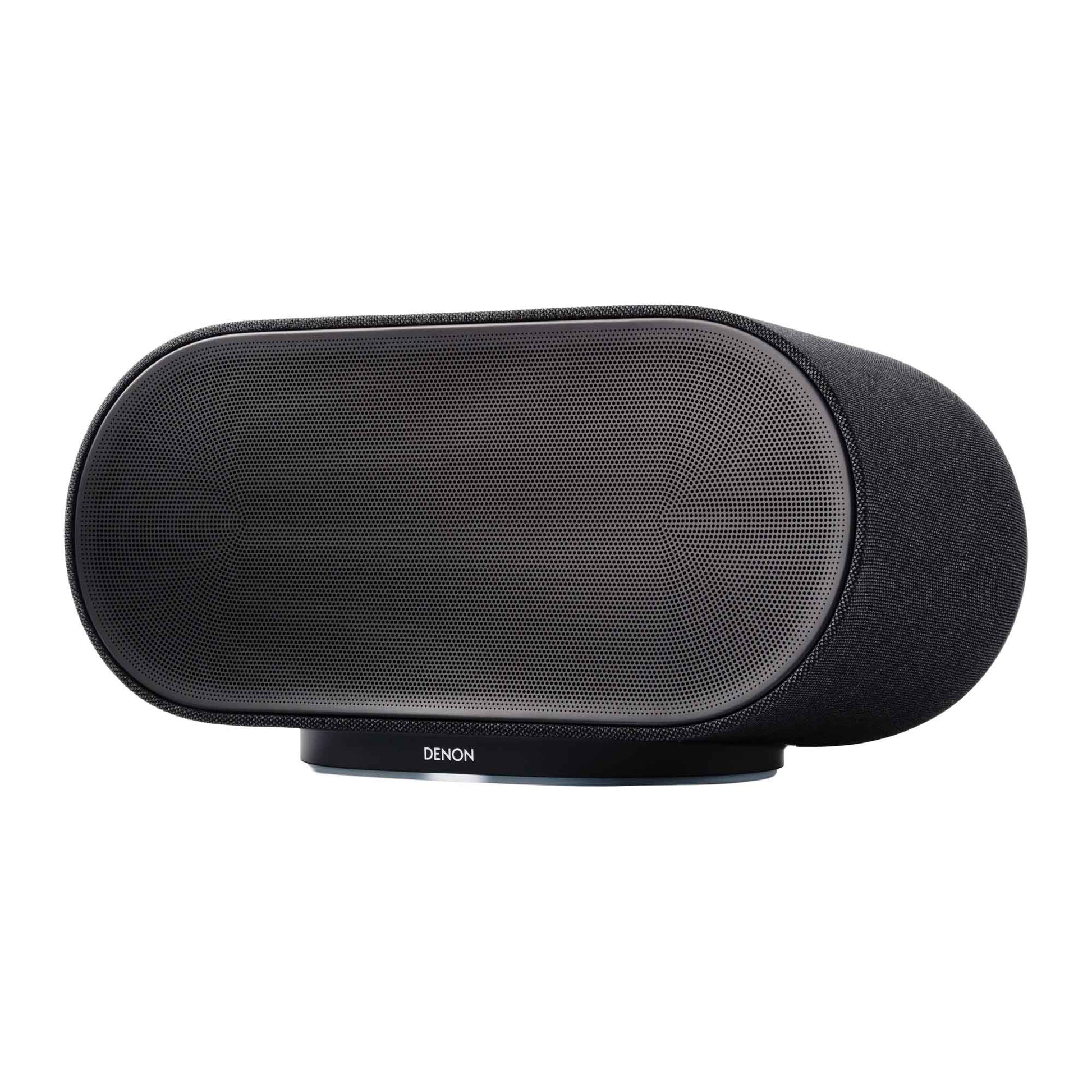 Front angle view of black Denon Home 600 Wireless Speaker on white background