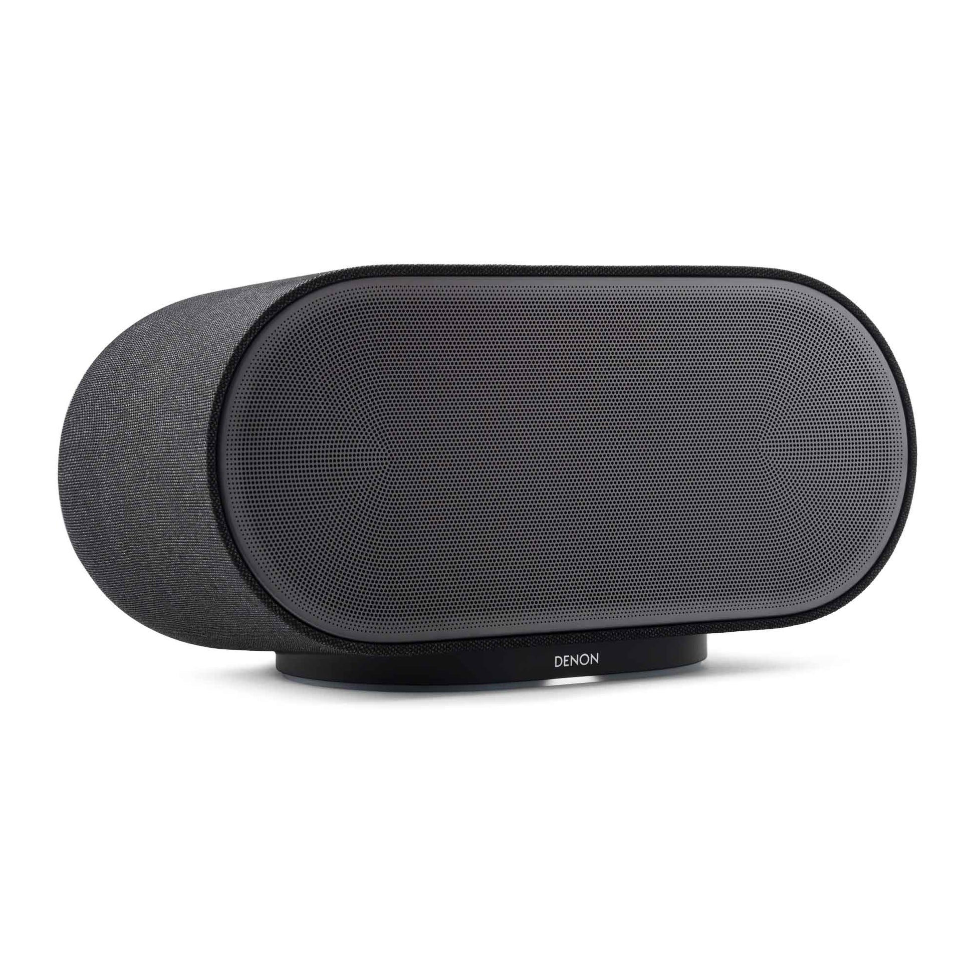 Front angle of black Denon Home 600 Wireless Speaker on white background