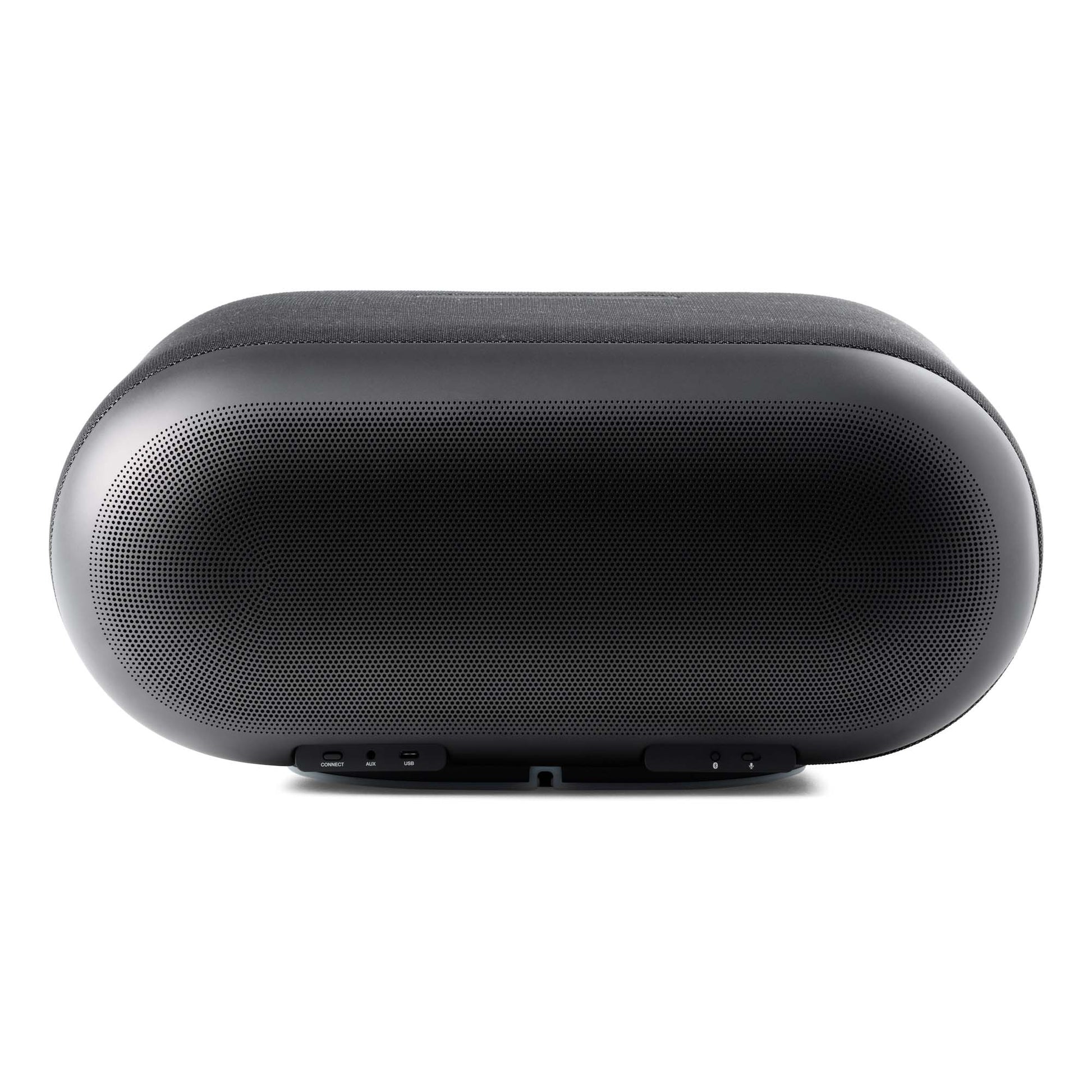 Back view of black Denon Home 600 Wireless Speaker on white background