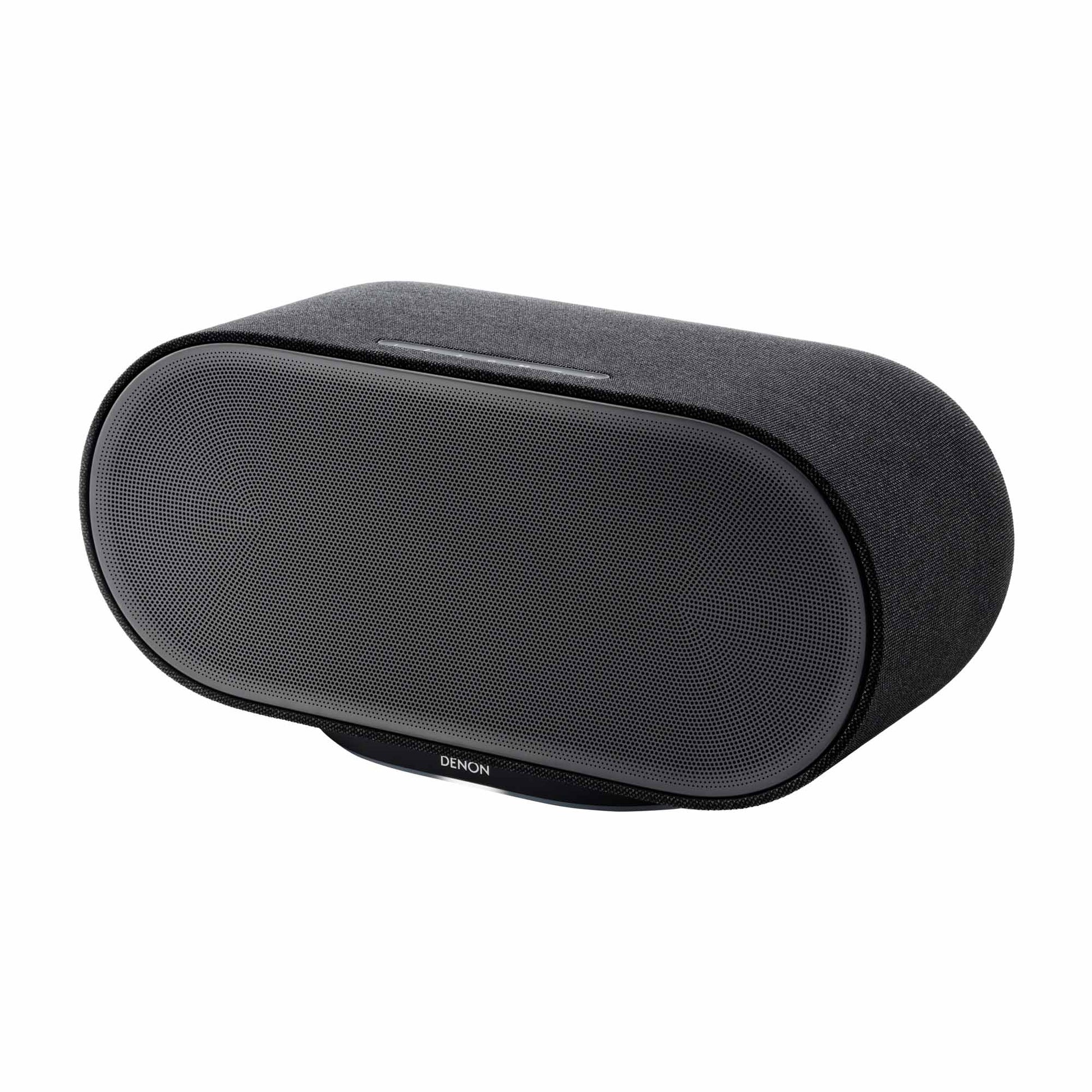 Front angle view of black Denon Home 600 Wireless Speaker on white background