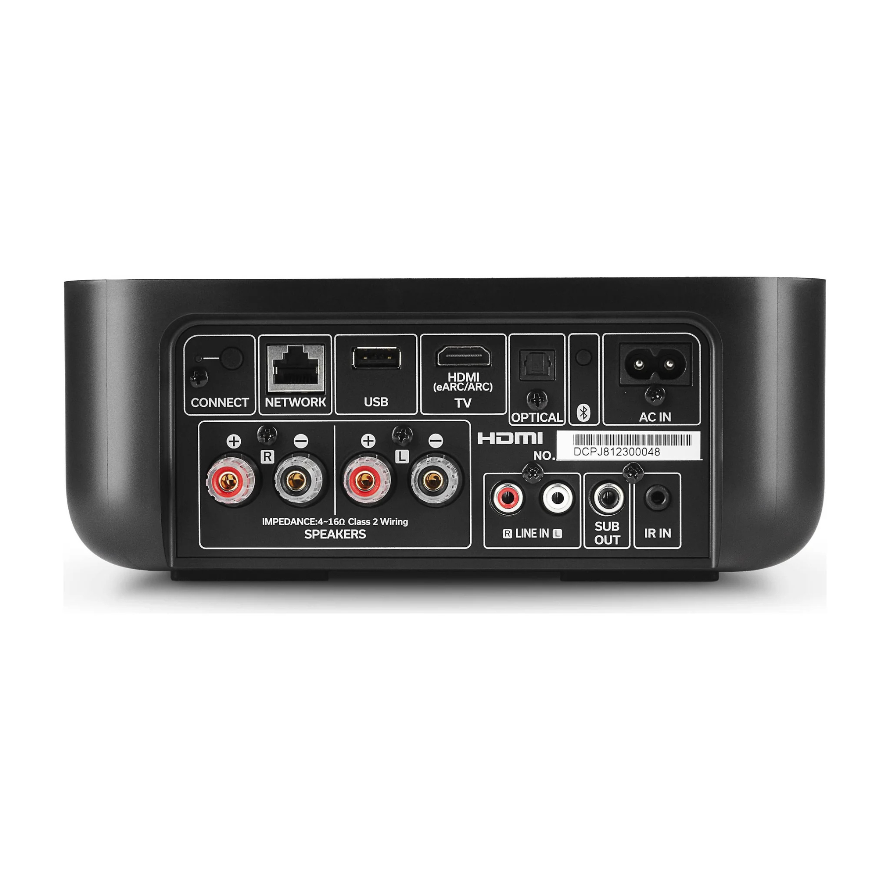 Back panel of Denon Home Amp on white background