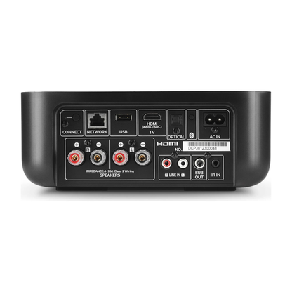 Back panel of Denon Home Amp on white background
