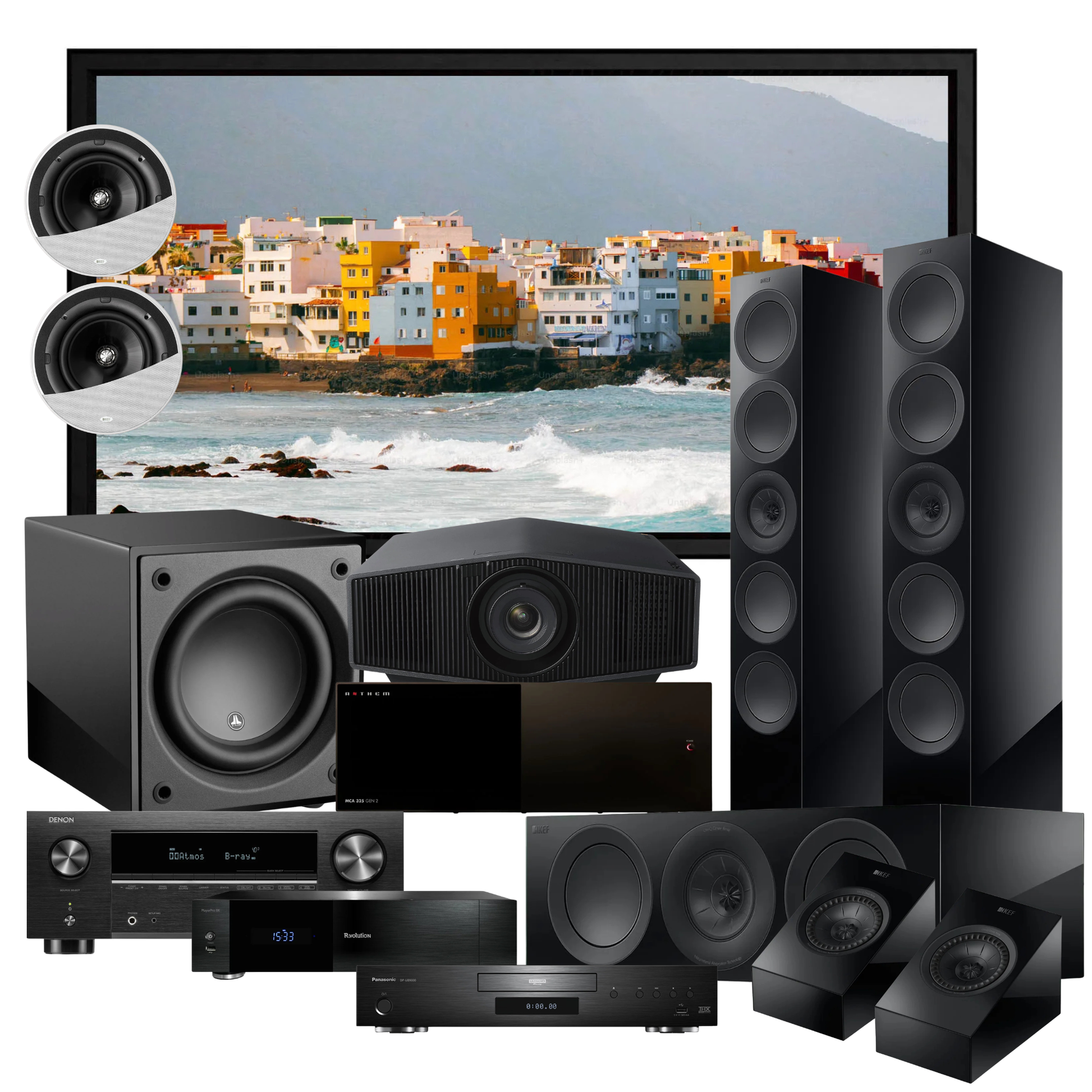 Denon KEF R Meta Home Cinema System on white background