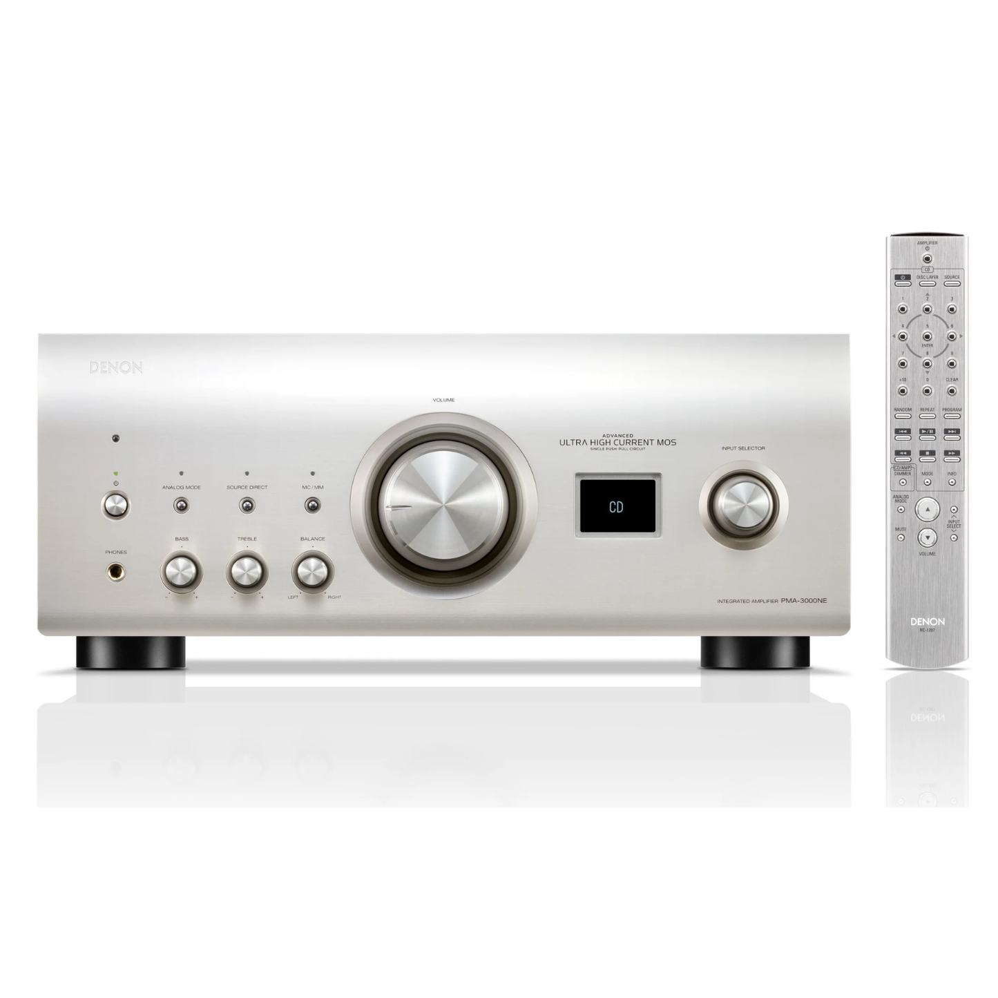 Front view of silver Denon PMA-3000NE Integrated Amplifier with remote control