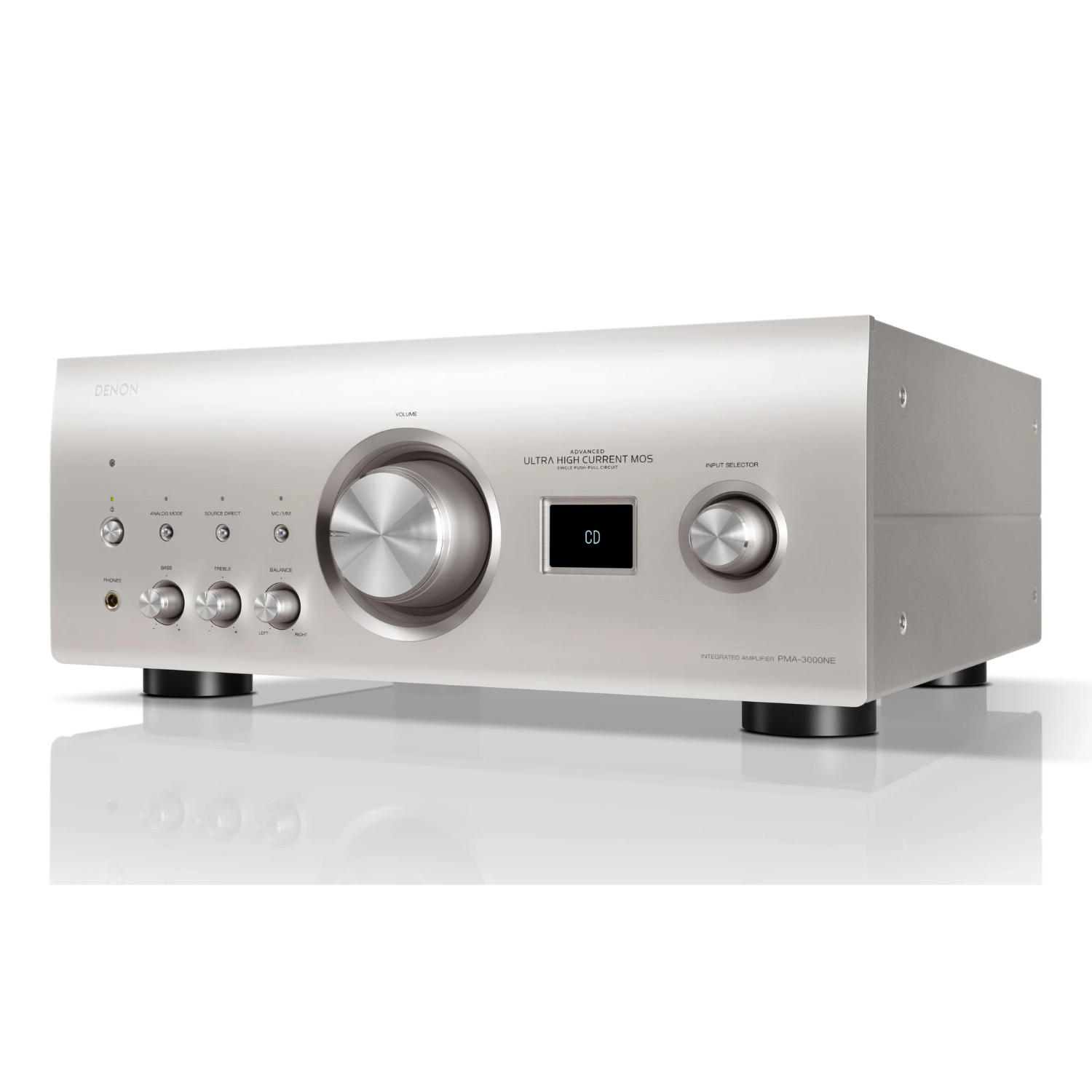 Front angle of silver Denon PMA-3000NE Integrated Amplifier