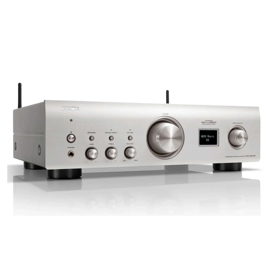Front angle of silver Denon PMA-900HNE Streaming Amplifier