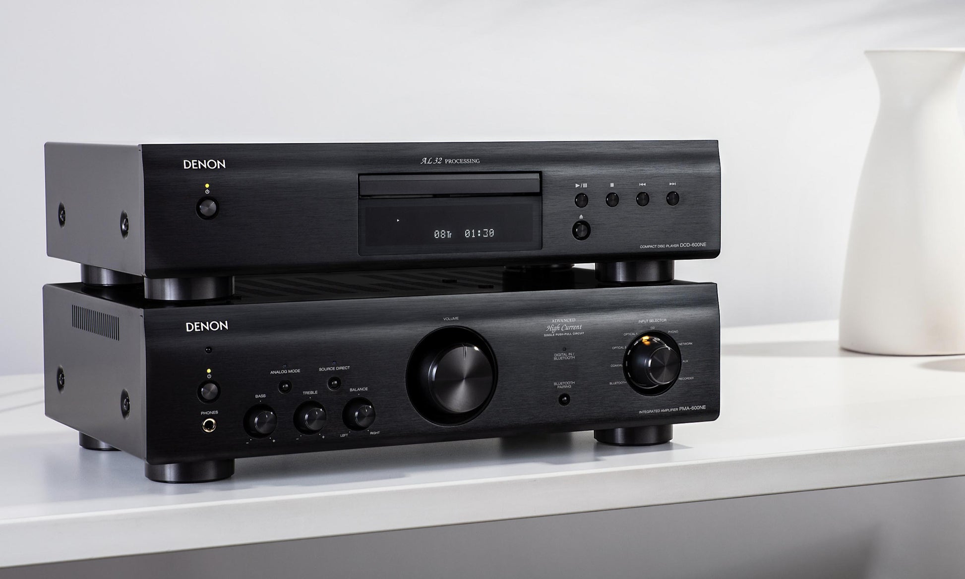 Denon DCD-600NE CD Player shown with Denon PMA-600NE Stereo Amplifier