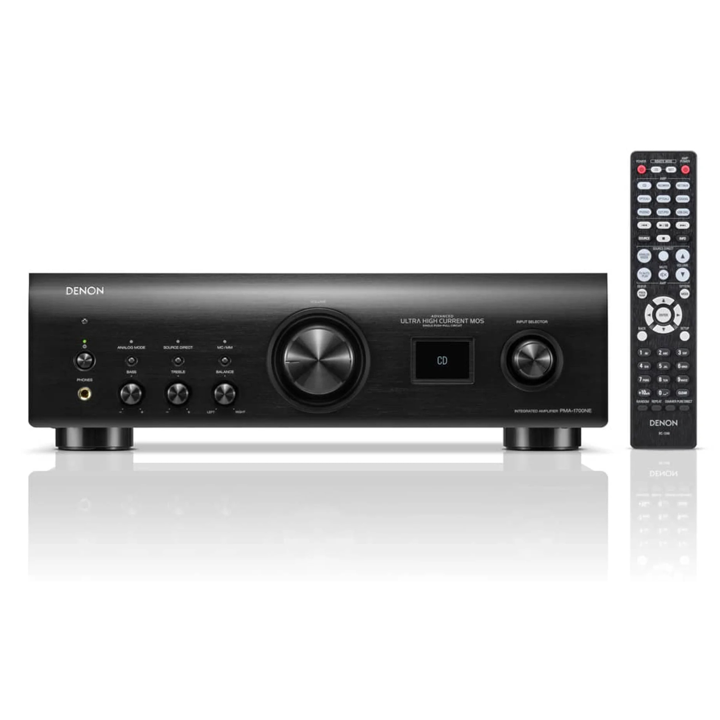 Front view of black Denon PMA-1700NE Integrated Amplifier with remote control