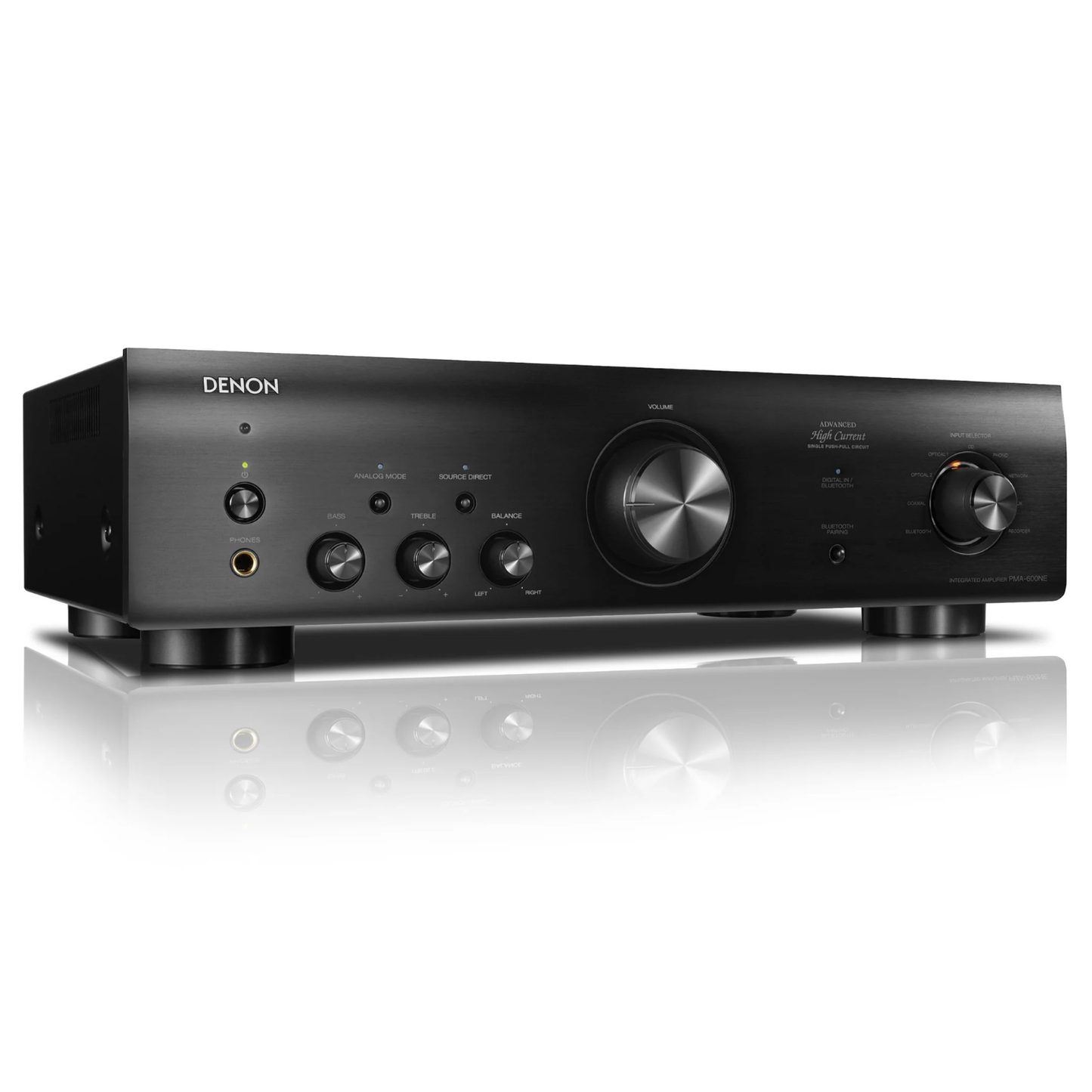 Front angle of black Denon PMA-600NE Stereo Amplifier