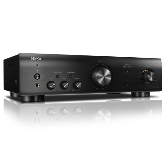 Front angle of black Denon PMA-600NE Stereo Amplifier