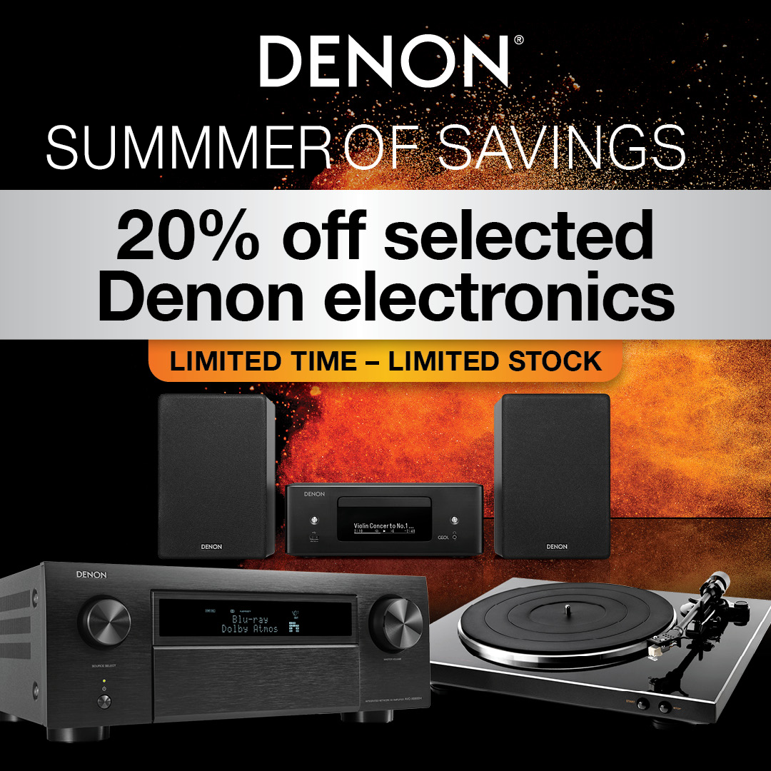 Denon electronics promotion with text overlay on a dark background