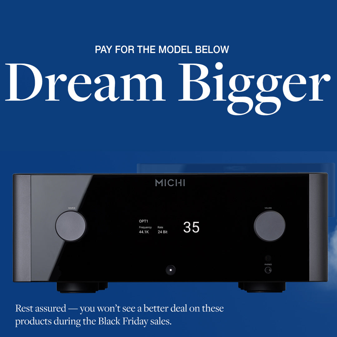 Audio component on blue background with words Dream Bigger