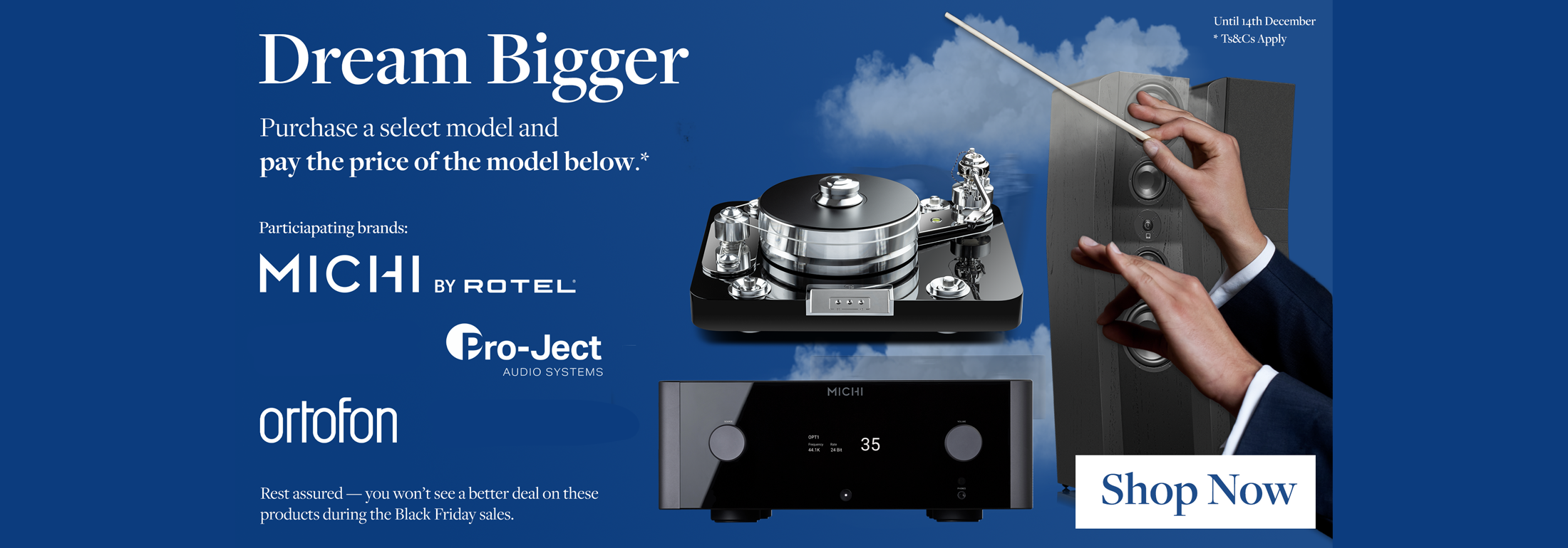 Advertisement for audio equipment with text and product images on a blue background