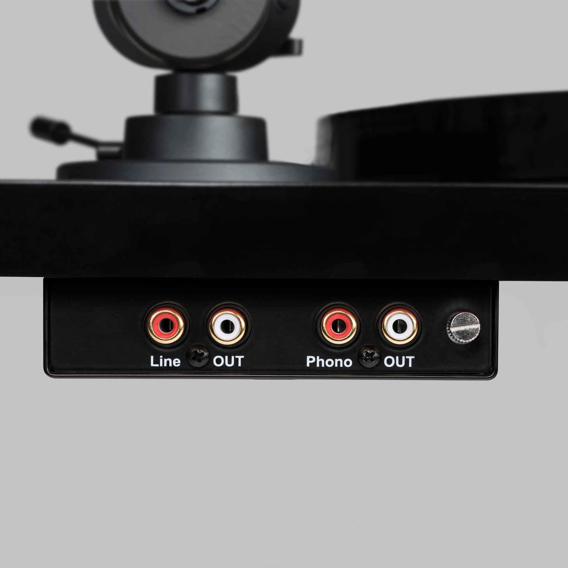 Close up of Inputs & outputs on black turntable