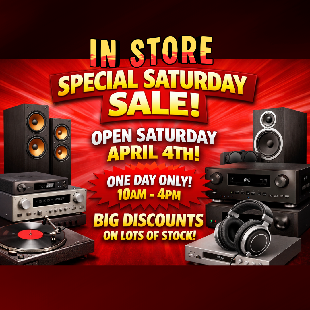 Advertisement for a special Saturday sale with audio equipment on a red background