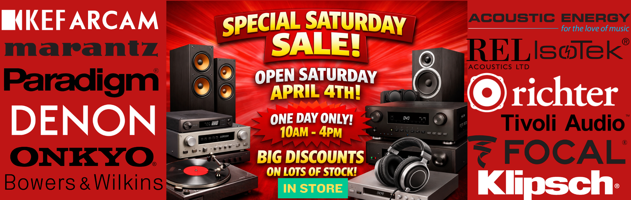 Promotional banner for a special Saturday sale with audio equipment and brand logos.