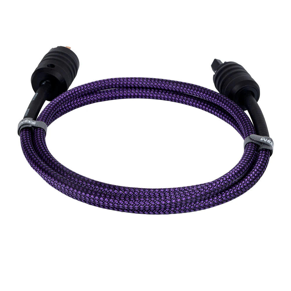 Purple braided cable with black connectors on a white background