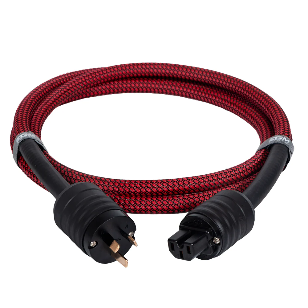 Red braided cable with black plugs on a white background