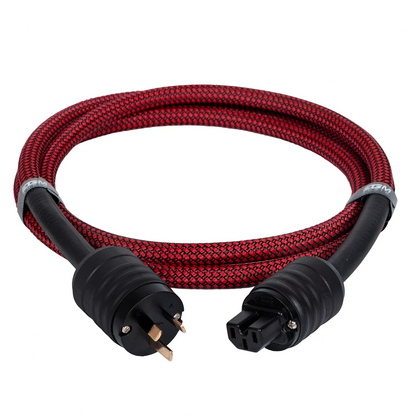 Red braided cable with black plugs on a white background
