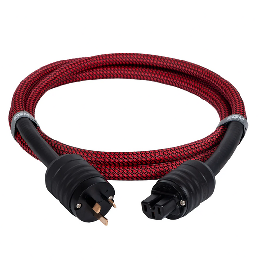 Red braided cable with black plugs on a white background