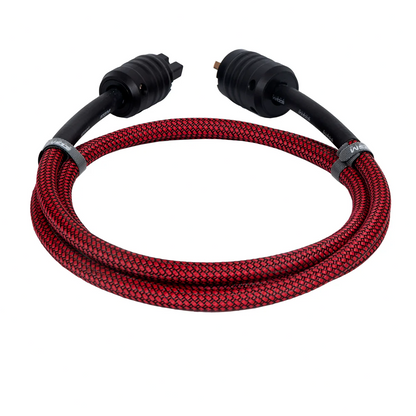 Red braided cable with black connectors on a white background