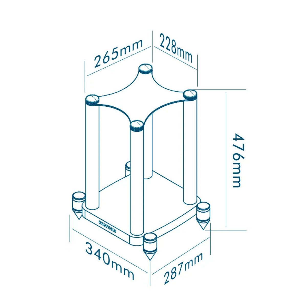 Technical dimension diagram of a square metal stand with four legs and a star-shaped top, showing measurements of 265mm, 228mm, 476mm, 340mm, and 287mm on a white background.