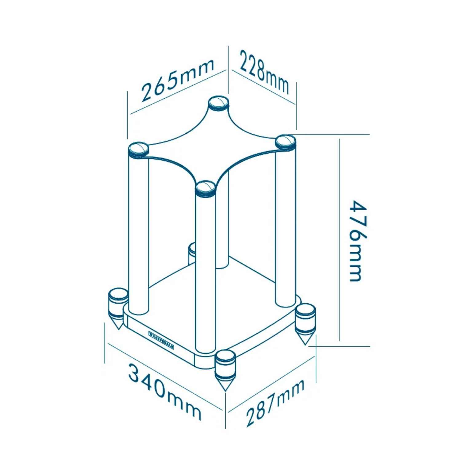 Technical dimension diagram of a square metal stand with four legs and a star-shaped top, showing measurements of 265mm, 228mm, 476mm, 340mm, and 287mm on a white background.