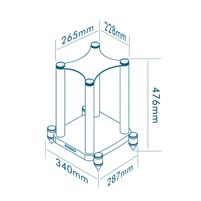 Technical dimension diagram of a square metal stand with four legs and a star-shaped top, showing measurements of 265mm, 228mm, 476mm, 340mm, and 287mm on a white background.