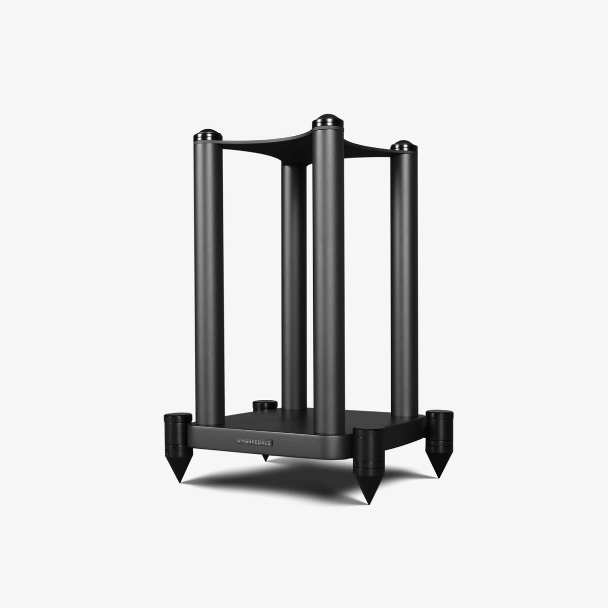 A matte black metal speaker stand with four vertical legs, a top support bar, and a flat base with four pointed feet, shown on a light gray background.