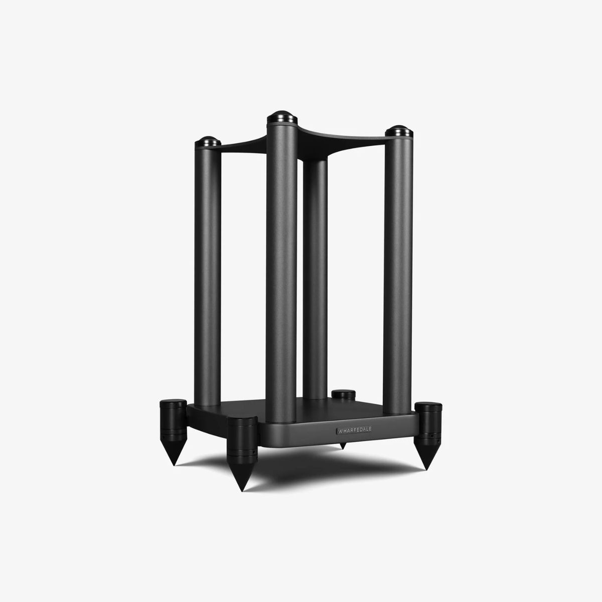 Angle view of Wharfedale Elysian 1R Speaker Stand in matte black finish on light grey background