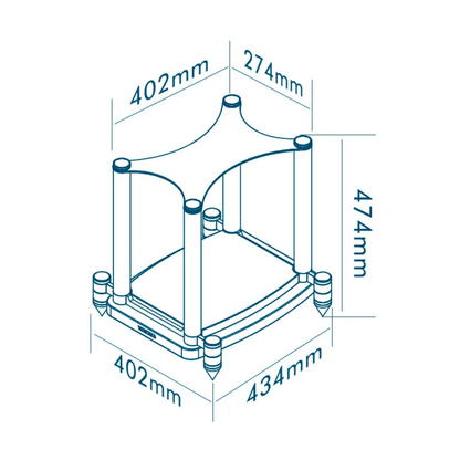 Technical dimension diagram of a speaker stand with four vertical legs and curved top supports, shown in blue line art on a white background with measurements labeled in millimeters.