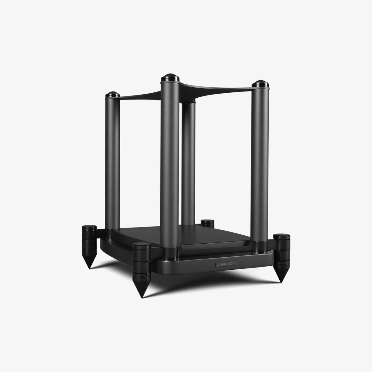 Angle view of black Wharfedale Elysian 2R Speaker Stand on a light grey background