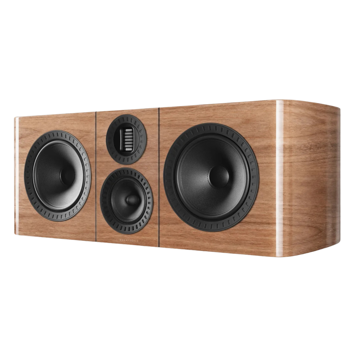 A three-way center-channel speaker with a natural wood grain cabinet and black drivers, shown from a three-quarter angle on a white background.