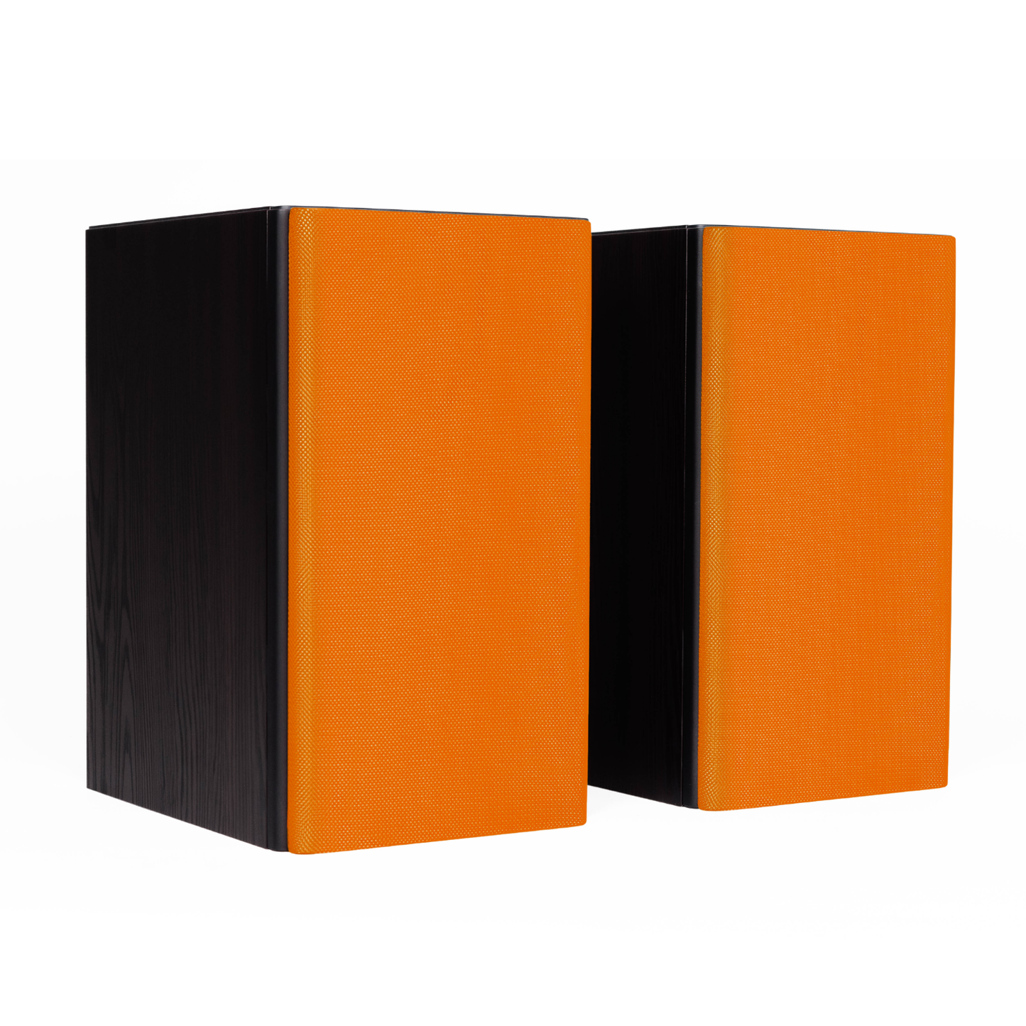 Two rectangular speakers with bright orange front panels and black side panels, shown on a plain white background.