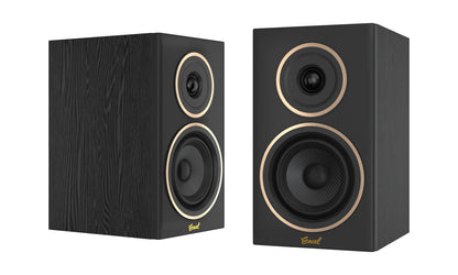 A pair of Encel Gelati bookshelf speakers with black woodgrain finish.
