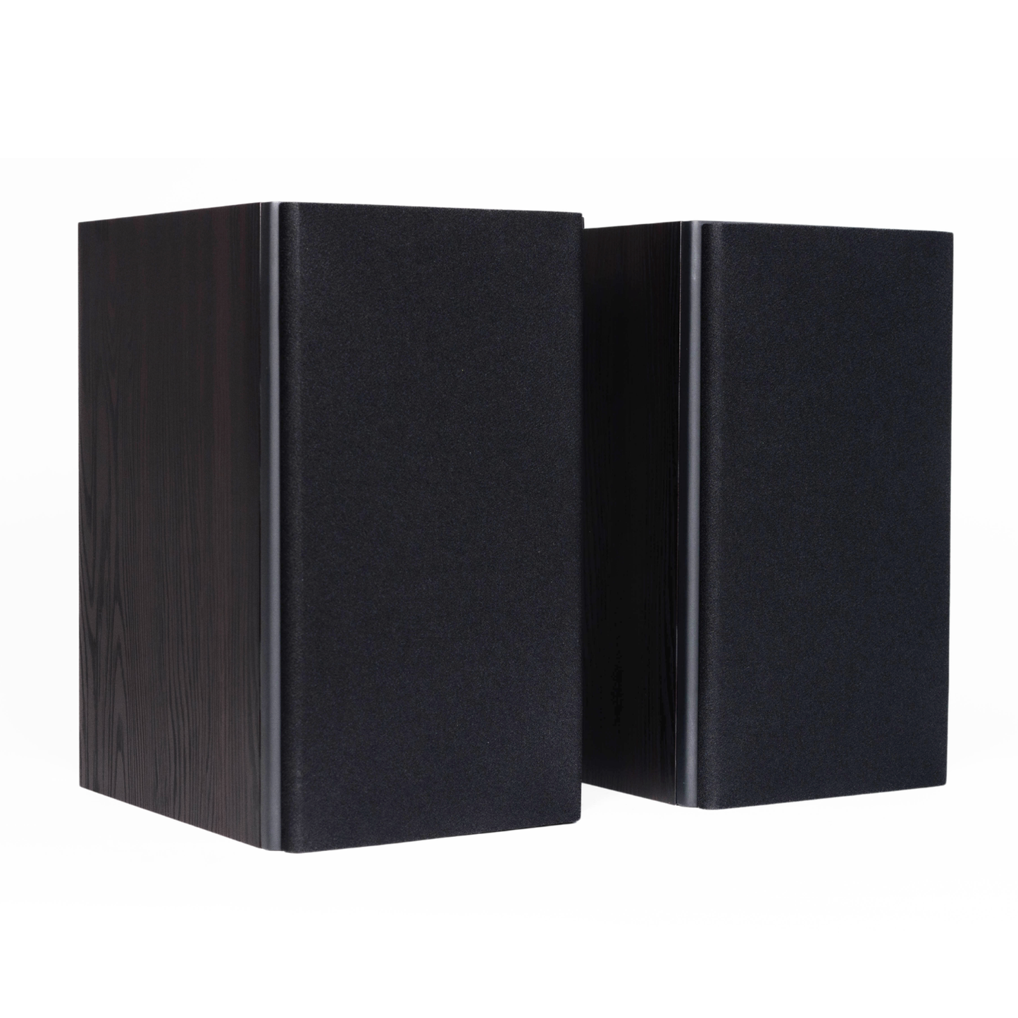 A pair of black bookshelf speakers with a textured fabric grille and dark wood-grain side panels, shown against a plain white background.
