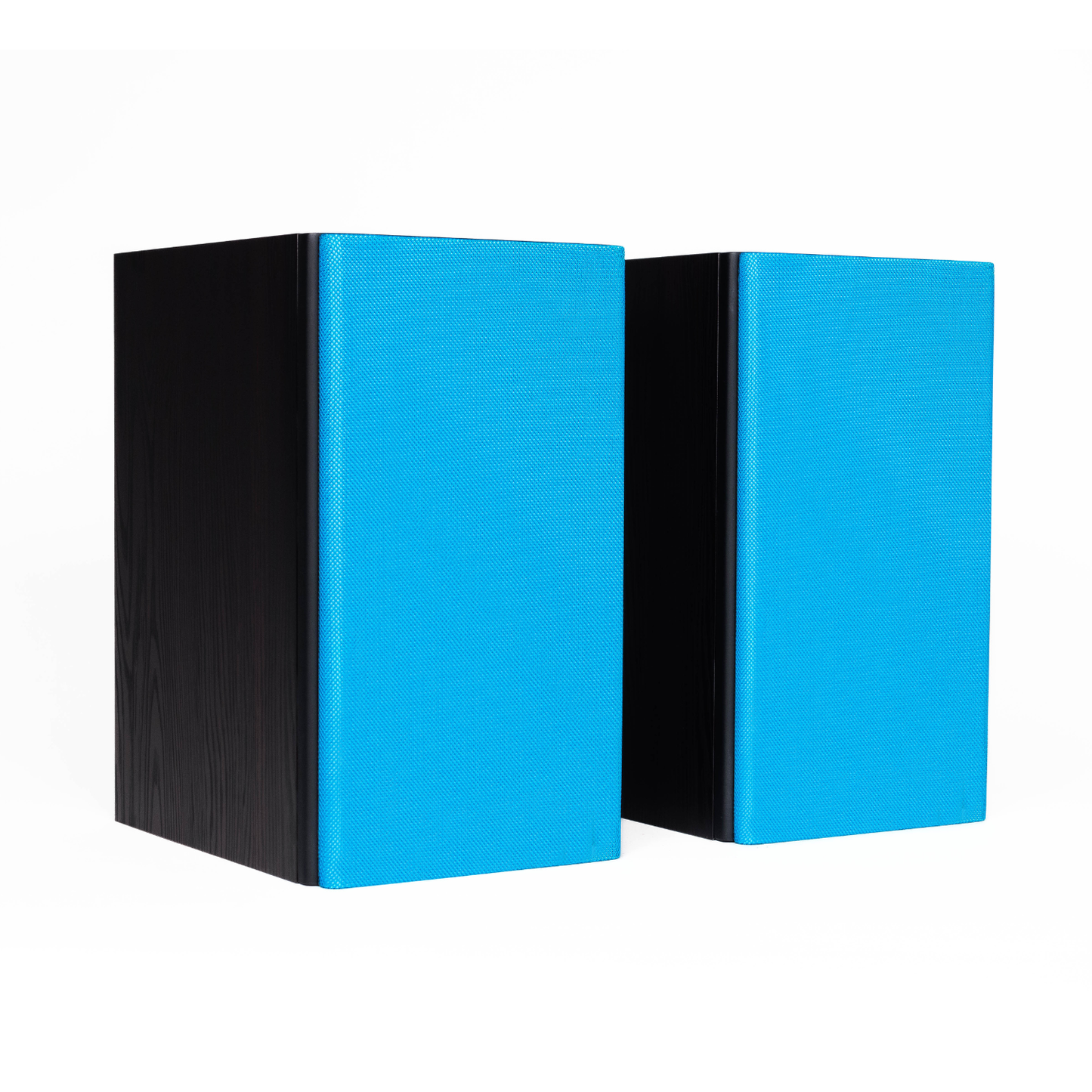 Two rectangular speakers with bright blue front faces and black side panels, shown on a plain white background.
