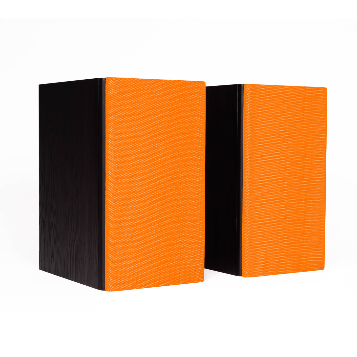 Two modern speakers with vibrant orange front panels and black side baffles, shown on a clean white background.