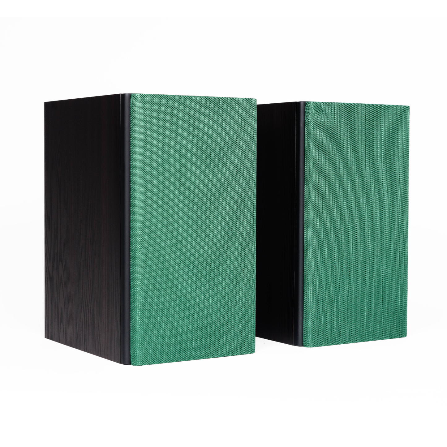 A pair of modern bookshelf speakers with textured green front panels and dark wood-grain side cabinets, shown on a plain white background.
