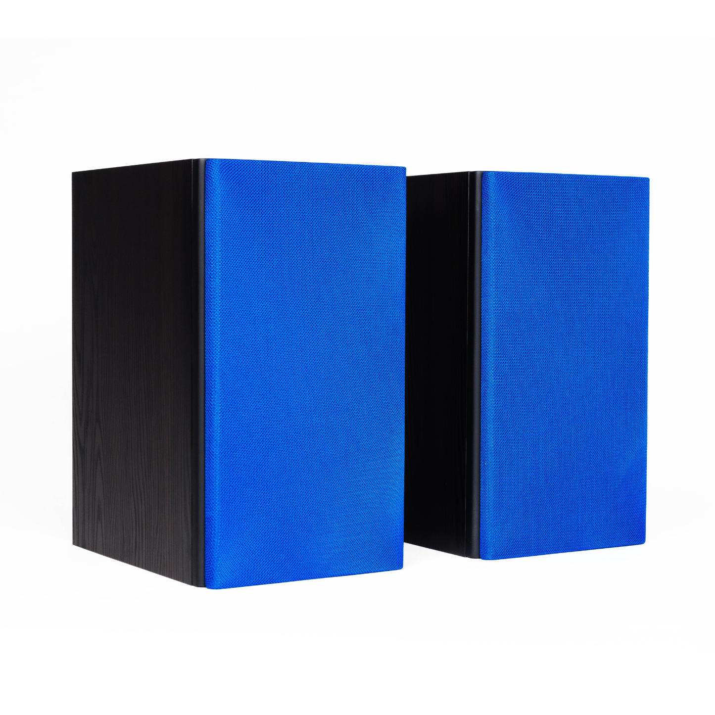 A pair of rectangular speakers with vibrant blue textured front panels and black side/bass panels, shown against a plain white background.